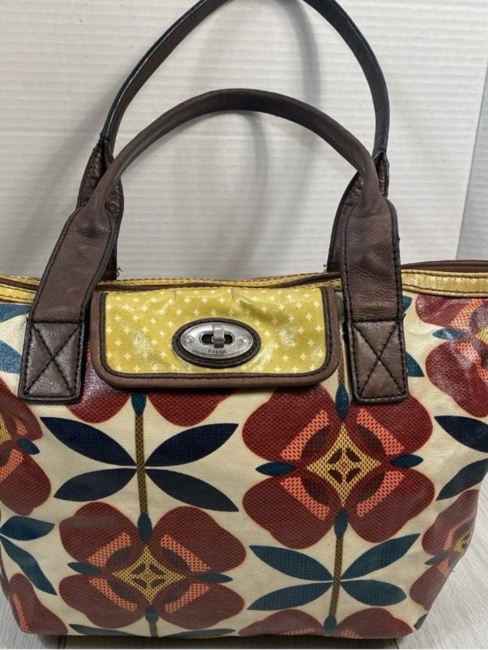 Vintage Fossil Key-Per Floral Coated Canvas Tote Bag Brown Leather Handles